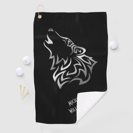 Howling Wolf Tribal Black en Silver Monogram Golfhanddoek (Insitu)