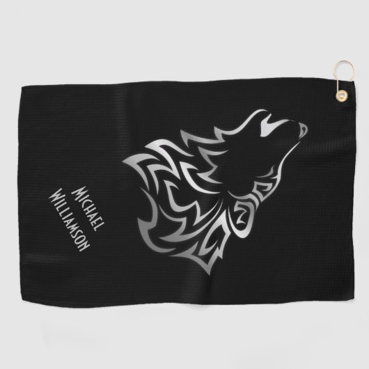 Howling Wolf Tribal Black en Silver Monogram Golfhanddoek (Horizontaal)