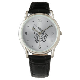 Howling Wolf Tribal Black Silver Horloge