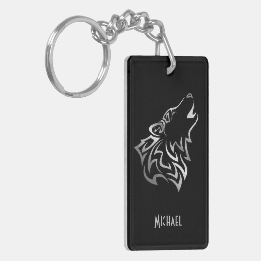 Howling Wolf Tribal Silver Black Monogram Vector Sleutelhanger (Voorkant Links)