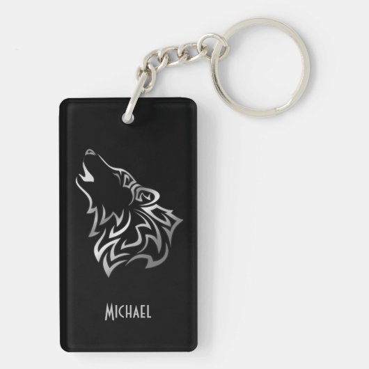 Howling Wolf Tribal Silver Black Monogram Vector Sleutelhanger (achterkant)