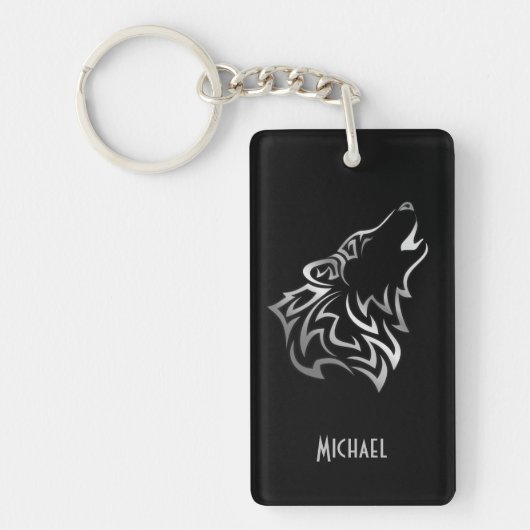 Howling Wolf Tribal Silver Black Monogram Vector Sleutelhanger (Voorkant)
