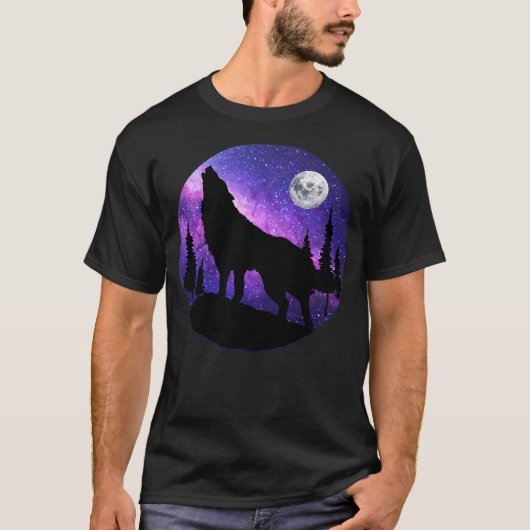 Howling Wolf Under The Full Moon With Purple Galax T-shirt (Voorkant)