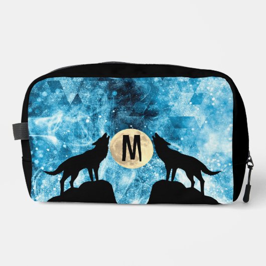 Howling Wolf Volle maan blauw zwart Custom Monogra Toilettasje (Voorkant)
