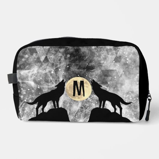Howling Wolf Volle maan zwart wit Custom Monogram Toilettasje (Voorkant)