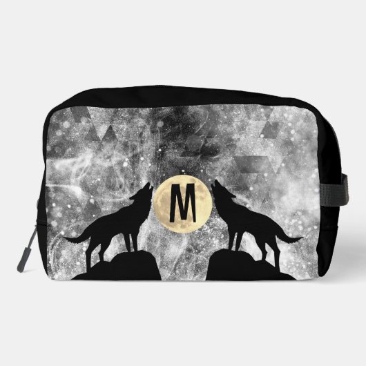 Howling Wolf Volle maan zwart wit Custom Monogram Toilettasje (Achterkant)