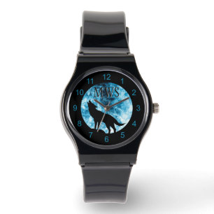 Howling Wolf Winter besneeuwde blauwe rook Monogra Horloge