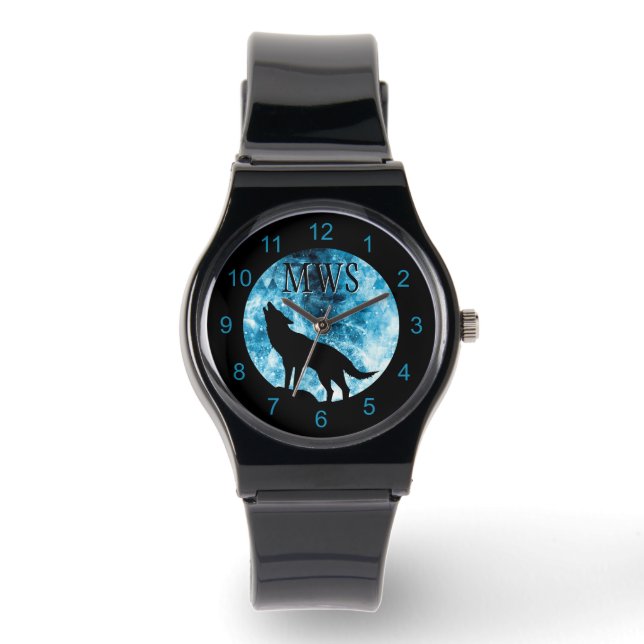 Howling Wolf Winter besneeuwde blauwe rook Monogra Horloge (Voorkant)