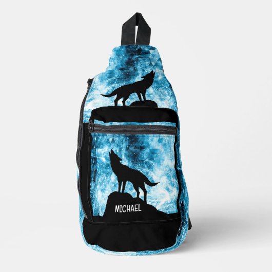 Howling Wolf Winter sneeuwachtig blauw zwart Custo Sling Bag (Voorkant)