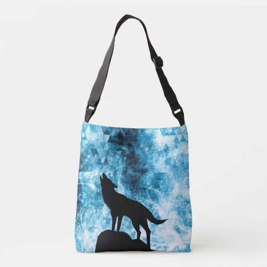 Howling Wolf Winter sneeuwblauwe rook Abstract Crossbody Tas (Achterkant)