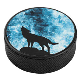 Howling Wolf Winter sneeuwblauwe rook Abstract Hockey Puck