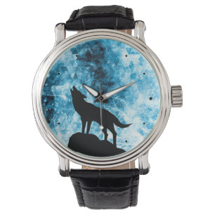 Howling Wolf Winter sneeuwblauwe rook Abstract Horloge