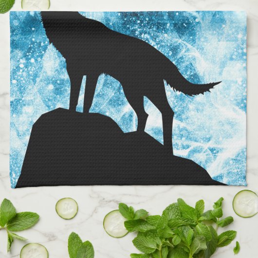 Howling Wolf Winter sneeuwblauwe rook Abstract Theedoek (Gevouwen)
