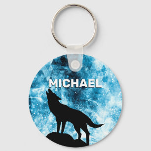 Howling Wolf Winter sneeuwblauwe rook Custom Naam Sleutelhanger
