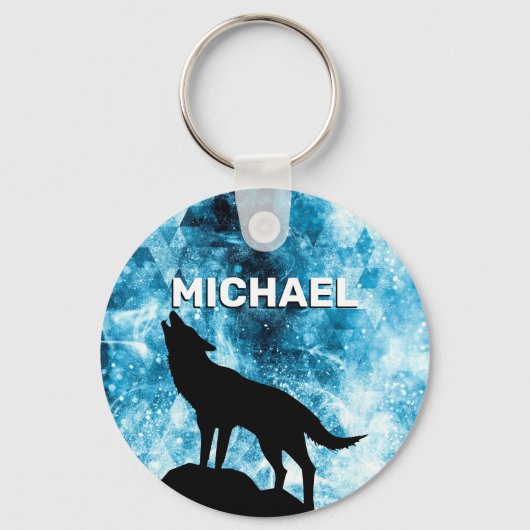 Howling Wolf Winter sneeuwblauwe rook Custom Naam Sleutelhanger (Voorkant)