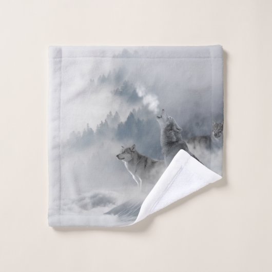 Howling Wolves Mountain Fog Scene Print Bad Handdoek (Wasdoekje)