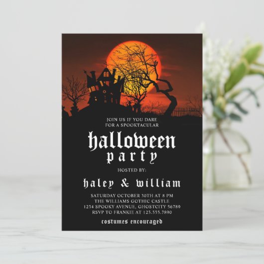 Huanted House Moon Spooktacular Halloween Party Kaart (Staand voorkant)