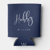 Hubby Kalligrafie Marine Blauw Naam & Monogram Blikjeskoeler (Voorkant)