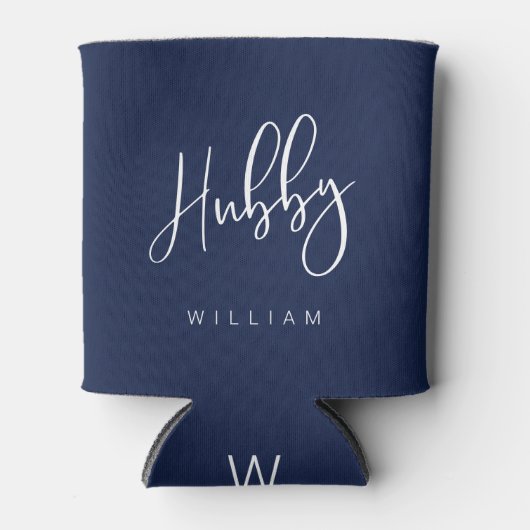Hubby Kalligrafie Marine Blauw Naam & Monogram Blikjeskoeler (Voorkant)