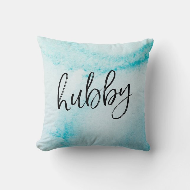 Hubby met de hand geletterd aqua blauw aquarel kus kussen (Voorkant)