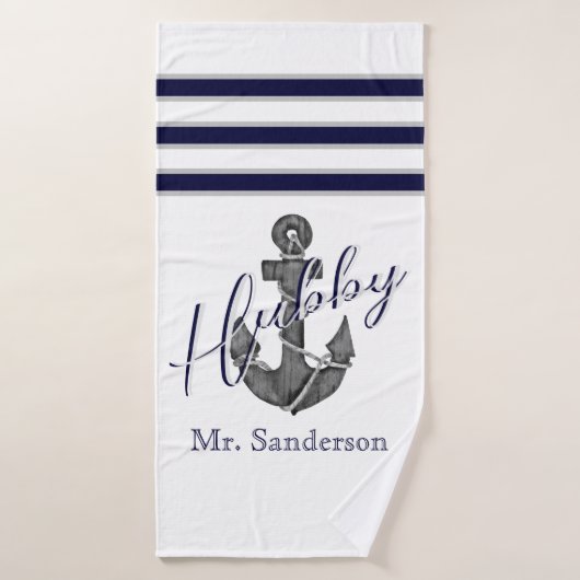 Hubby Nautical White en Navy Blue Anchor Beach Badhanddoek (Badhanddoek)