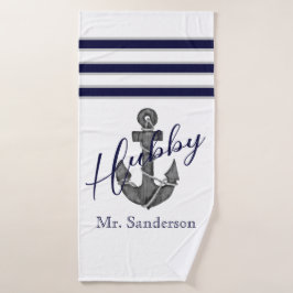 Hubby Nautical White en Navy Blue Anchor Beach Badhanddoek