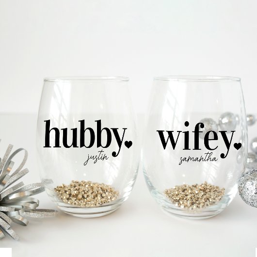 Hubby & Wifey | Gepersonaliseerde naam Passen getr Wijnglas Zonder Voet