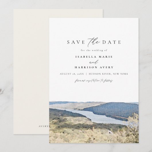 HUDSON RIVER New York Waterverf Save the Date Inv Kaart (Voorkant / Achterkant)