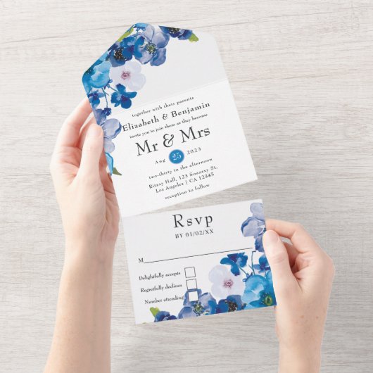 Hues Blue Floral Wedding All in One Invitation Uitnodiging (Afscheurbaar)