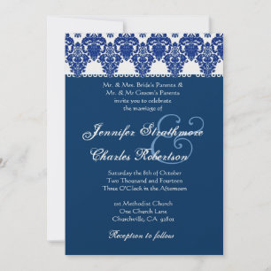 Hues of Blue and White Damask Wedding Invitation Kaart