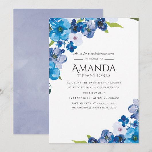 Hues of Blue Floral Bachelorette Party uitnodiging (Voorkant / Achterkant)