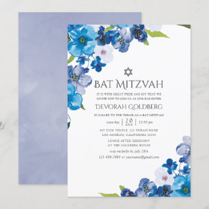 Hues of Blue Floral Bat Mitzvah Kaart