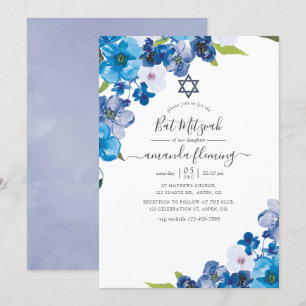 Hues of Blue Floral Bat Mitzvah Kaart