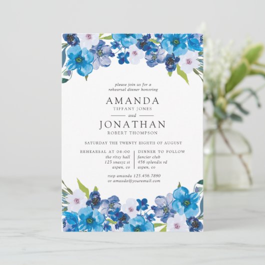 Hues of Blue Floral repetitie diner uitnodiging (Staand voorkant)