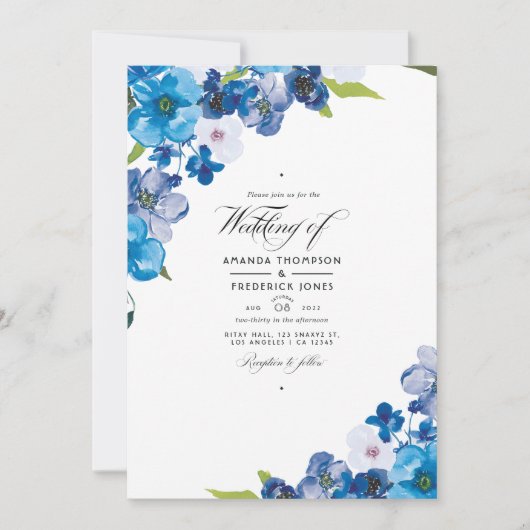 Hues of Blue Floral Wedding Invitation Kaart (Voorkant)
