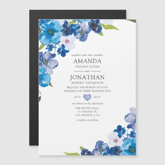 Hues of Blue Floral Wedding Magnetische Uitnodiging (Voorkant / Achterkant)
