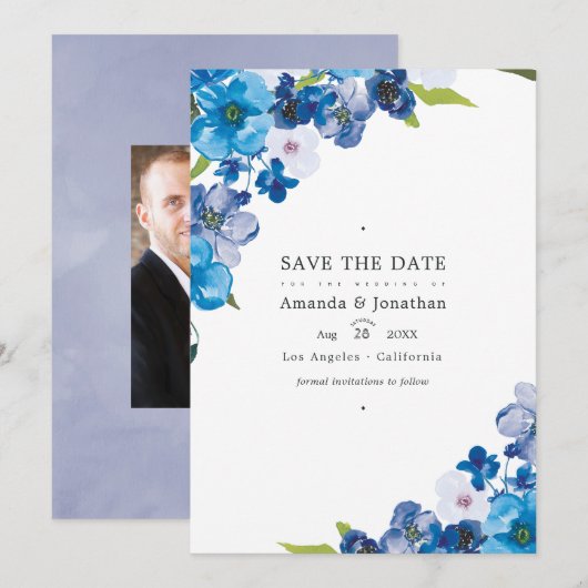 Hues of Blue Floral Wedding Photo Save The Date (Voorkant / Achterkant)