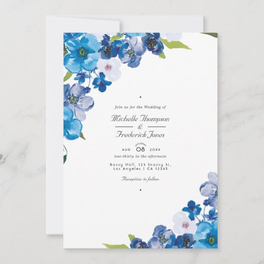 Hues van Blue Floral QR Code RSVP Wedding Kaart (Voorkant)