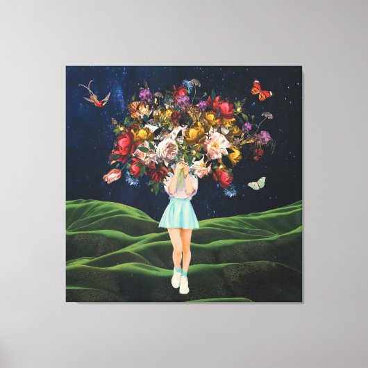 Huge Bouquet Girl Dark Sky Surreal Collage Canvas Afdruk (Voorkant)