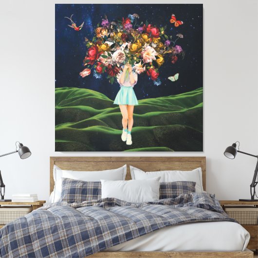 Huge Bouquet Girl Dark Sky Surreal Collage Canvas Afdruk (Insitu (Slaapkamer))