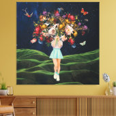 Huge Bouquet Girl Dark Sky Surreal Collage Canvas Afdruk (Insitu (Woonkamer))