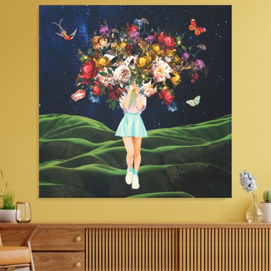 Huge Bouquet Girl Dark Sky Surreal Collage Canvas Afdruk (Insitu (Woonkamer))