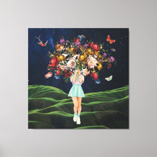 Huge Bouquet Girl Dark Sky Surreal Collage Canvas Afdruk (Voorkant)
