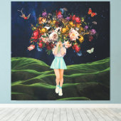 Huge Bouquet Girl Dark Sky Surreal Collage Canvas Afdruk (Insitu (Houten vloer))