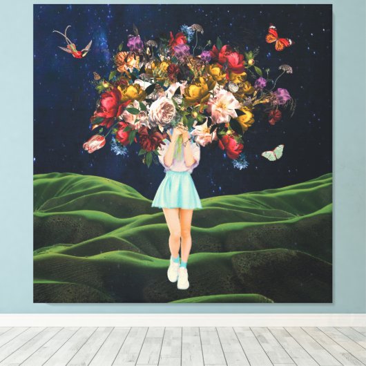 Huge Bouquet Girl Dark Sky Surreal Collage Canvas Afdruk (Insitu (Houten vloer))