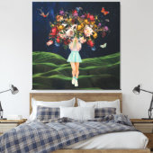 Huge Bouquet Girl Dark Sky Surreal Collage Canvas Afdruk (Insitu (Slaapkamer))