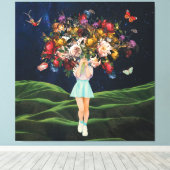 Huge Bouquet Girl Dark Sky Surreal Collage Canvas Afdruk (Insitu (Houten vloer))