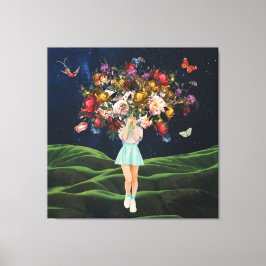 Huge Bouquet Girl Dark Sky Surreal Collage Canvas Afdruk