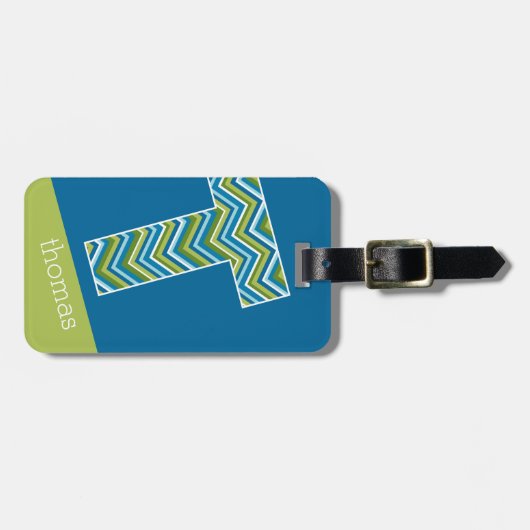 Huge Monogram Letter T Bright Blue Chevrons Bagagelabel (Voorkant horizontaal)