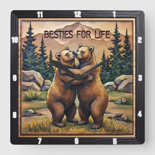 Hugging Bears Mountain Valley Vierkante Klok (Voorkant)